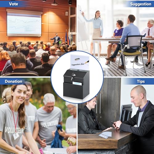 KYODOLED Suggestion and Ballot Box with Lock and Slot, Metal Wall Mounted Donation Key Drop Box with Clear Acrylic Sign Holder and 50 Free Suggestion Cards & 2 Keys, 8.5H x 5.9W x 7.3L Inch, Black