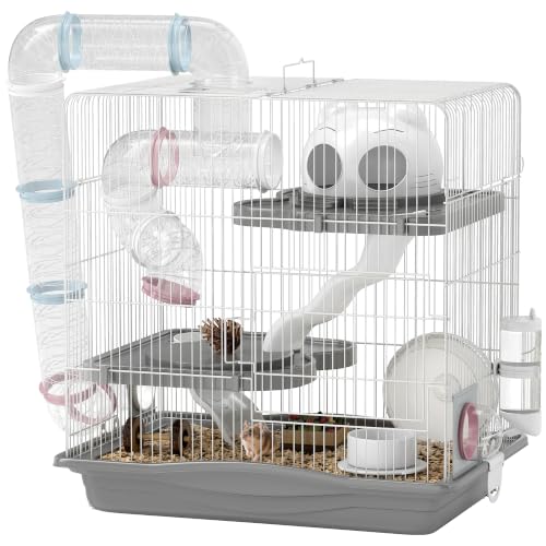 PawHut Cage Hamster, Cage Rongeur à 3 Niveaux, avec Roue d'exercice, Tunnel, gamelle, Niche et Rampe d'accès, pour Hamsters Nains et gerbilles, 45 x 30 x 45 cm, Gris