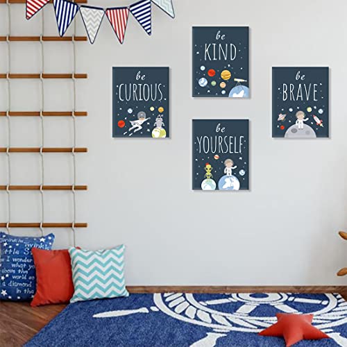 Image of CHDITB Outer Space Canvas Wall Art, Abstract Universe Planet Print, Be Kind Inspirational Space Poster For Kids Room Boys Bedroom Nursery Playroom Decor-Set Of 4 (8 inch X 10 inch) Framed Ready To Hang