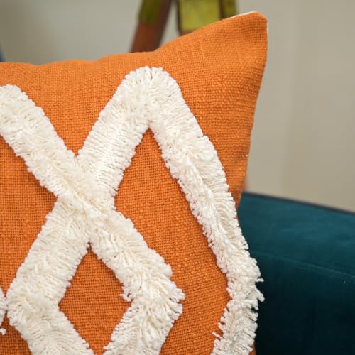 Image of Cotton Tufted Boho Cushion Cover | Embroidery Decorative Pillow for Home Decor | Hand Made Square Pillow Covers for Sofa, Chair and Bedroom (Set of 1, 18 * 18)