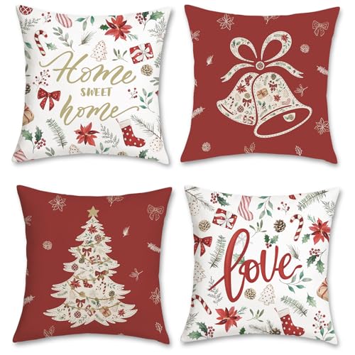 Bonhause 4er Set Kissenbezüge Weihnachten Rot 45 x 45 cm...