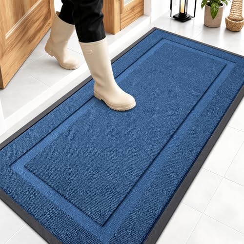 Image of OLANLY Front Door Mat Indoor Outdoor Entrance, Waterproof All-Season, All-Weather Doormat, Sturdy Natural Rubber, Low Profile, Easy Clean Patio Porch Entryway Mat, 47x23, Navy Blue
