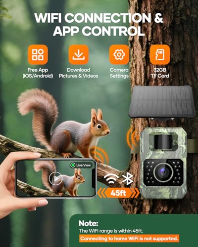 Solar Trail Camera 48MP 30FPS, WiFi Bluetooth Game Camera with Motion Activated 0.2s Trigger, Night Vision Motion Activated IP66 Waterproof for Wildlife Scouting with 32GB Micro SD Card - Image 4