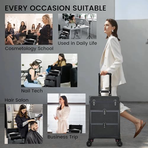 Yueieoun Rolling Makeup Train Case with 2 Large Drawers Cosmetology Case on Wheels Nail Carts Organizer Case Make Up Artist Tattoo Travel Case with Wheels Salon Trolley Black