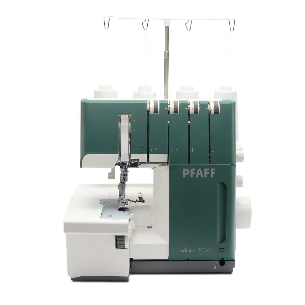 Pfaff Admire 3000 Overlock maszyna z 4 nićmi – 16 ściegów, transport różnicowy, dźwignia kolanowa, oświetlenie chwytu LED, automatyczne zatrzymanie igły, do 1500 ściegów/min