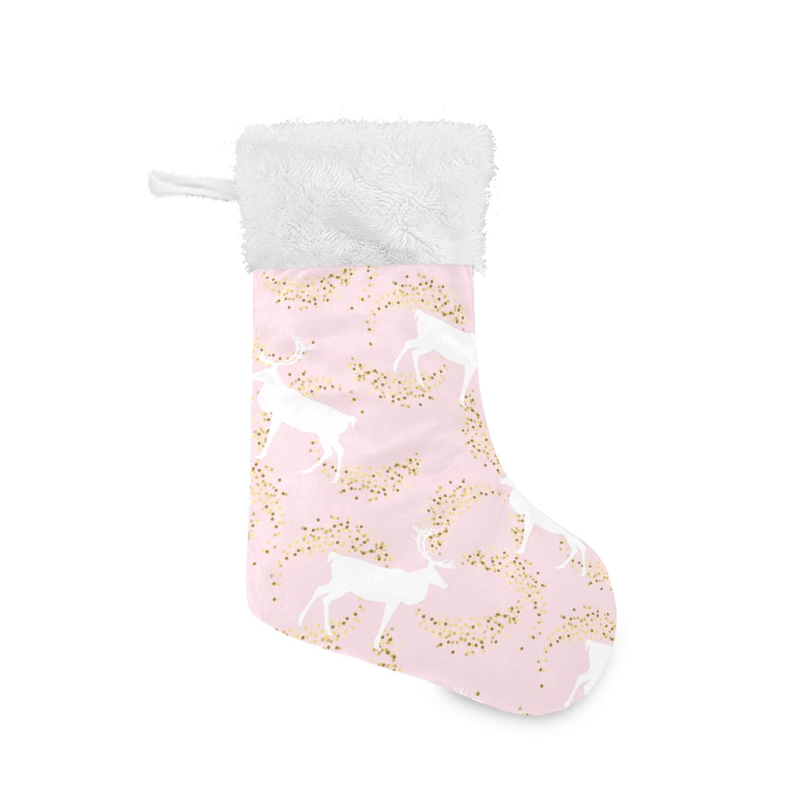Moyyo Personalized Christmas Stocking 1 Pack Large 18 In Xmas Stockings with White Golden Deer Pink Christmas Stockings Xmas Sock Sack Gift Candy Pouch Bag Tree Decor for Kids Adults