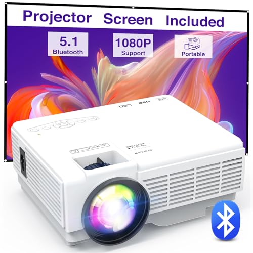 Mini Projector Portable with Screen, YOOYAA Bluetooth Projector Full HD 1080P 10000L, Outdoor Home Cinema Video Projector, 50% Zoom, Compatible with Smartphone/Laptop/TV Stick