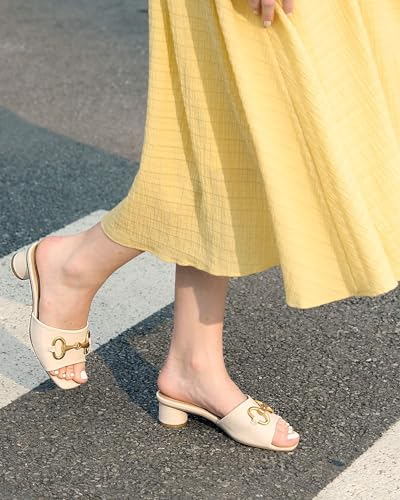 Image of Coutgo Womens Heeled Slides Sandals Square Open Toe Slip on Comfortable Kitten Block Low Heel Metal Chain Dressy Shoes