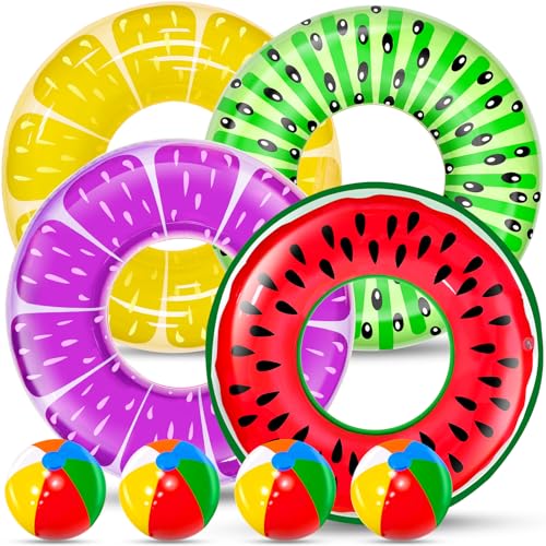 8 Pack Inflatable Pool Floats, Pool Toys for Swimming Pool Party Kids Adults 4 Pcs Fruit Swim Tube Rings & 4 Pcs Beach Balls Pool Floaties Summer Lake Hawaiian Beach Luau Party Decorations Water Fun