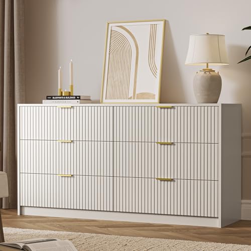 Image of MAISONARIA 6 Drawer Dresser for Bedroom, 55 inch Wide Modern Chest of Drawers with Gold Metal Handles, Fluted Wood TV Stand for Living Room, Hallway(Beige)