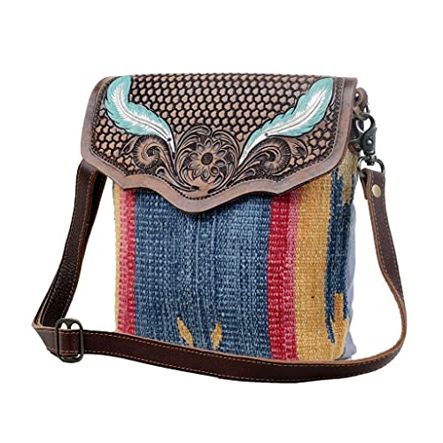 Myra Bag Blue Feather Hand-Tooled Bag Upcycled Cotton & Leather S-30582