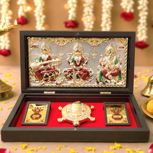 Image of ARNAVIRA Lakshmi Ganpati Sarawati Gold Plated Photo Frame with Tortoise Pocket Temple for Diwali Gift, House Warming Gifts, Return Gift Puja Box