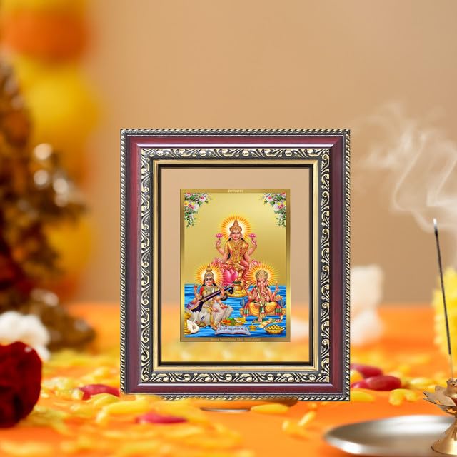 Image of DIVINITI Goddess Lakshmi, Saraswati & Lord Ganesha 24K Gold Plated Foil Wall and Tabletop Photo Frame for Home Decor, Puja Room, Luxury Gifting | DG Frame 105 S1 (16x13.5 CM)