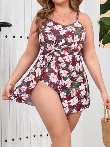 Beautife Womens Plus Size One Piece Swimsuits Tummy Control Swim Dress Floral Print Twist Slit Bathing Suits Swimdress3