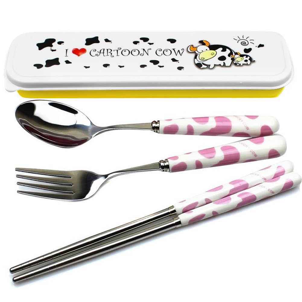OLizeeCute Creative Cow Pattern Design Flatware Set of 3 Ceramics Handle Stainless Steel Spoon Fork Chopsticks for Traveling Portable Lovely Animals Korean Tableware Set (Pink)