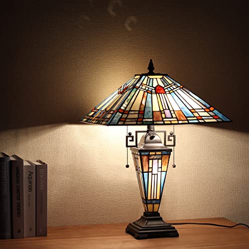 Cotoss Tiffany Table Lamp Night Light 16" Wide Handmade Stained Glass Lamp Shade 3 Light Blue Mission Style Vintage Table Lamp For Home And Office #TOP1