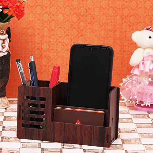 Image of Pen Stand With Visiting Card & Mobile Holder Multipurpose Wooden Automobiles Desk Organizer Pen And Pencil (Design 1), Brown