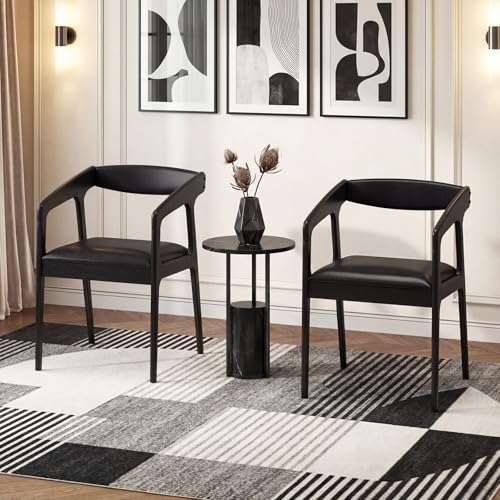 Image of COSTWAY Dining Chairs with Arms Set of 2, Mid Century Modern Wooden Accent Chairs with Faux Leather Seat & Padded Backrest, Kitchen Side Armchairs for Living Dining Reading Room, Black & Black