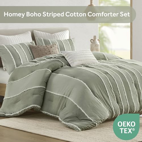 Image of Ink+Ivy Queen Comforter Set Boho Comforters Stripes, Clipped Jacquard, Cotton Comforter for Queen Size Bed, All Season Poly Fill Lightweight Queen Bedding & Shams, Shay, Full /Queen, Sage 3 Piece