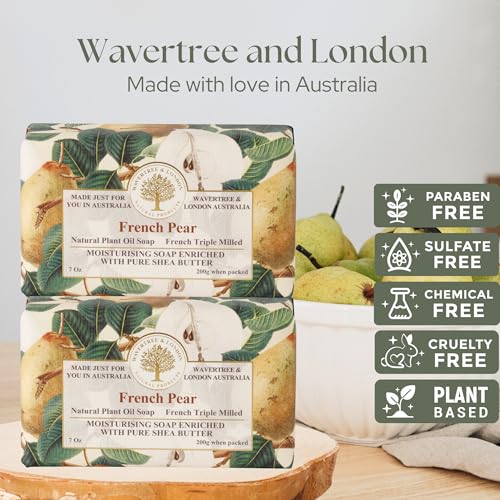 Image of Wavertree & London French Pear Scented Natural Soap (2 Bars), 7oz Moisturizing French Triple Milled Soap Bars enriched with shea butter - Pure Plant Based Bath & Body Bars for All Skin Types