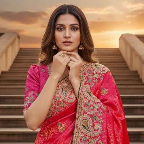 Image of Glory Sarees Women's Pure Soft Silk Banarasi Saree Traditional Embroidery Paisley Border With Blouse Piece (Qualamkars 103 Parent A)