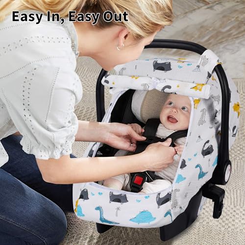 Image of Rquite Car Seat Cover Baby, Carseat Covers Girl Boy, Breathable Muslin Cotton, Large Mesh Window, Infant Car Seat Canopy Baby Carrier Cover Stroller Sun Shade for Summer & Hot Day