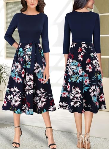 Image of VFSHOW Womens Work Business Casual Church Pockets Belted A-Line Midi Dress