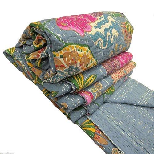 YUVANCRAFTS Kantha Couvre-lit indien en coton Motif fruits Gris