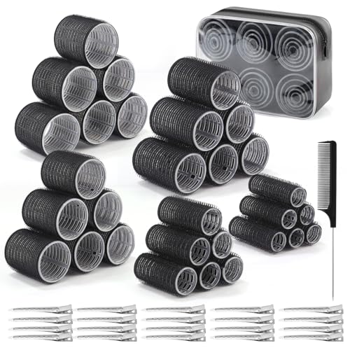 Conjunto de 52 rolos de cabelo autocolantes, rolos de cabelo grandes, 5 tamanhos (60 mm/48 mm/36 mm/25 mm/15 mm), Hair Rollers com 20 clipes de aço inoxidável, 1 bolsa de arrumação, rolos para cabelo