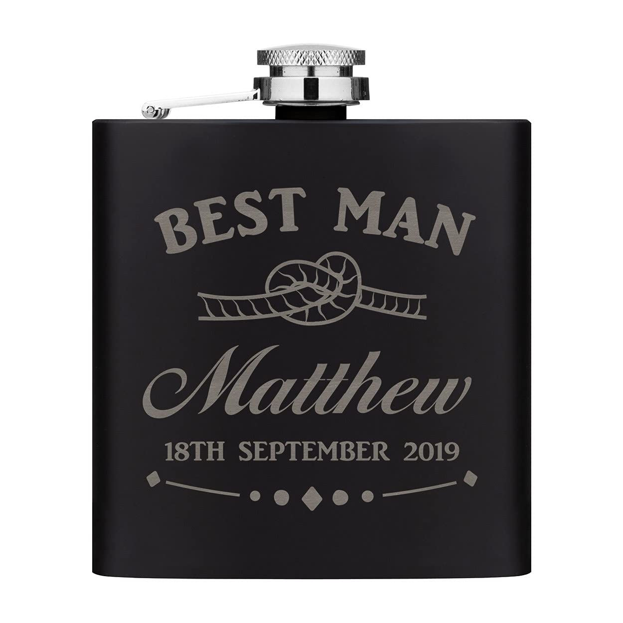 Personalised Custom 6oz Hip Flask Matte Black Stainless Steel Any Name Date Wedding Knot - Best Man/Maid of Honour/Groom/Groomsman/Bridesmaid/Bride/Father Mother of The/Usher