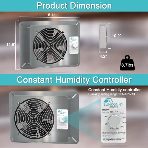 Stainless Steel Crawl Space Vent Fan - 780 CFM Air Out Ventilator Fan with Humidistat Dehumidistat, IP55 Rated Exhaust Fan with Metal Fan Cage for Crawlspace Basements Garage Attic