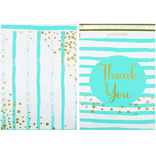 Image of Inspired Mailers - Poly Mailers 14.5 x 19-20 Pack - Thank You Poly Mailers Confetti and Stripes (Aqua /Gold) - Packaging Bags - Mailing Envelopes - Shipping Bags