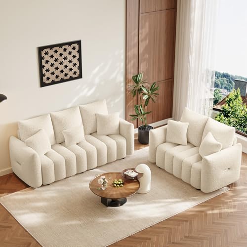 Image of OUYESSIR 2 Pieces Boucle Sofa for Living Room, Modern Deep Seat Loveseat & 3-Seater Couch, Oversized Cloud Sofa Couch Set, Comfy Upholstered Teddy Living Room Furniture, Light Brown