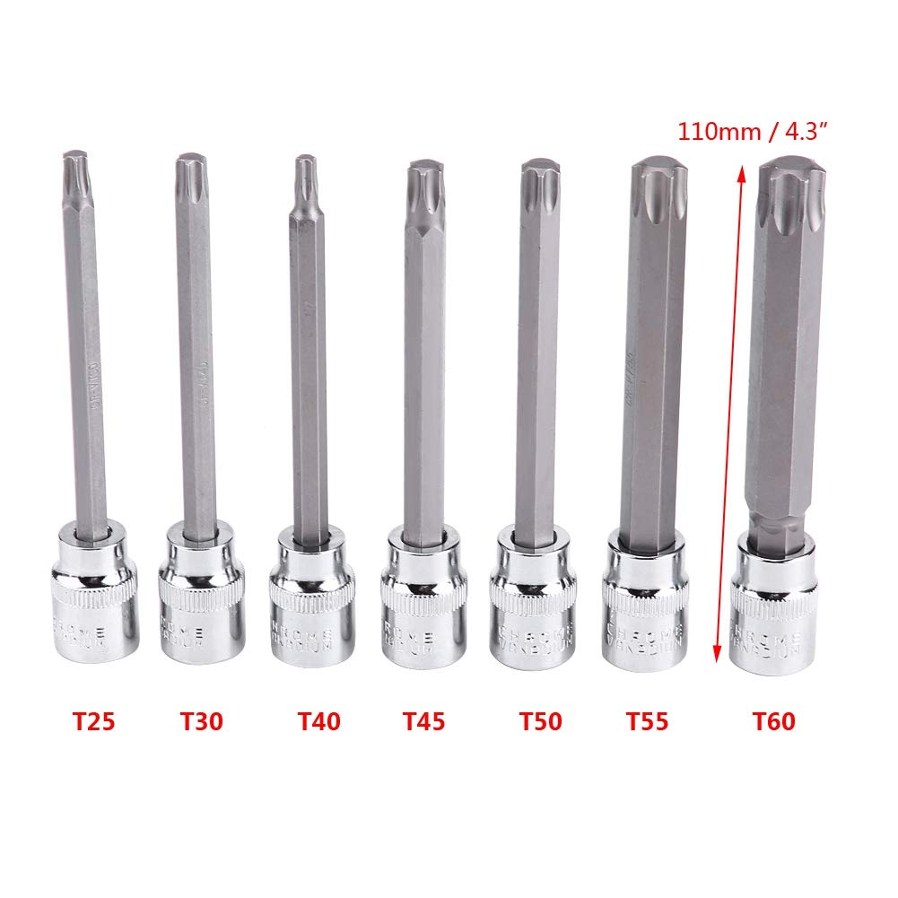 3/8inch Drive Torx Star Bit Socket Set, 7 PCS Socket Wrench Set T25 T30 T40 T45 T50 T55 T60, 4.3inch Extra Long Allen Hex Bit Socket Kit, and Steel, Metric and Standard