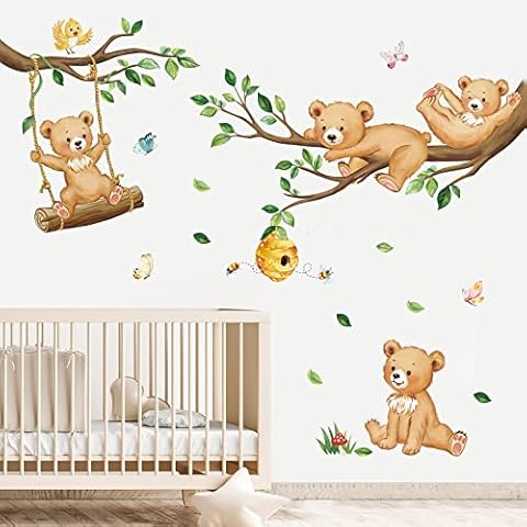 decalmile Woodland Bear Wall Decals Animal Tree Branch Wall Stickers Baby Nursery Kids Bedroom Living Room Wall Decor Cover