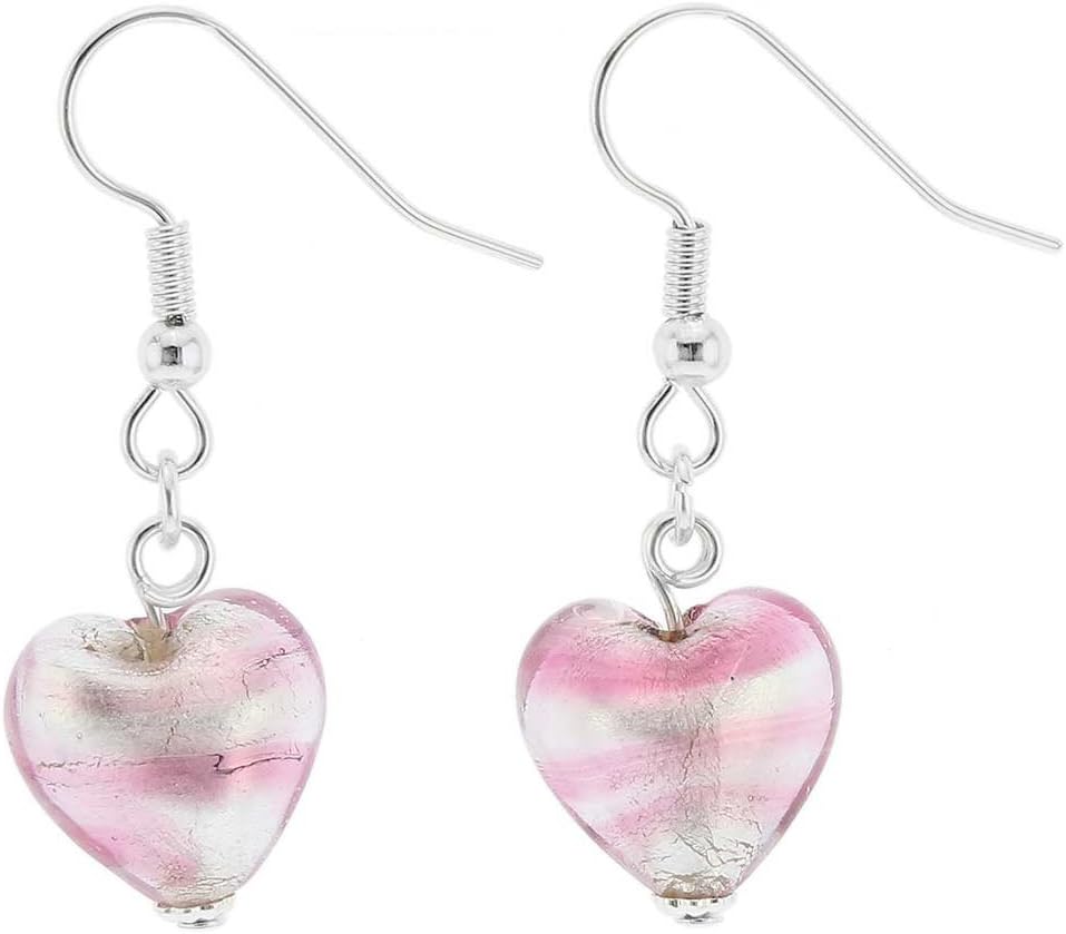 Glass Of Venice Murano Glass Heart Earrings - Striped Silver Pink