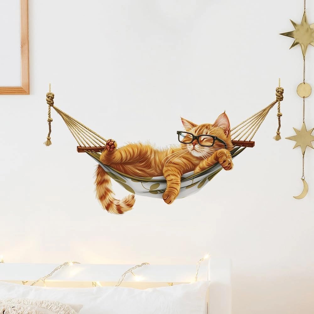 Wandtattoo Katze Wandaufkleber Orangene Katze in Hängematte Cartoon Wanddeko für Kinderzimmer Schlafzimmer Wohnzimmer Selbstklebend Abnehmbar