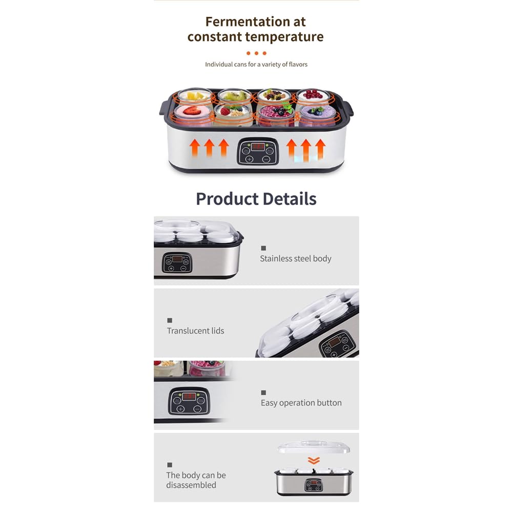 Yogurtera Automática con 8 Frascos de Vidrio. Yogurtera Eléctrica con Control de Temperatura y Tiempo Ajustables. Enchufe Europeo.