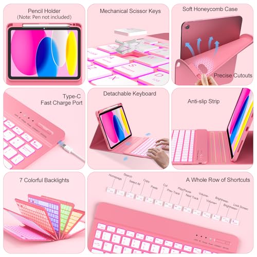 Image of COO 7 Color Backlit Keyboard Case for iPad 11th A16 /10th Gen | 7-Color Backlit Detachable Bluetooth Keyboard, Pencil Holder, Auto Wake /Sleep, 3 Angles, PU TPU Cover, Watermelon Red