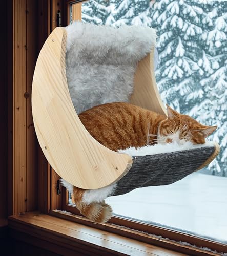 Image of Cat Window Perch, Plywood Moon Bed with 4 Heavy-Duty Suction Cups | Ultra Plush Faux Wool Fur,Window-Mounted, Drill-Free, Up to 40 lb Support, For Small to Medium Cats, Machine-Washable Pad