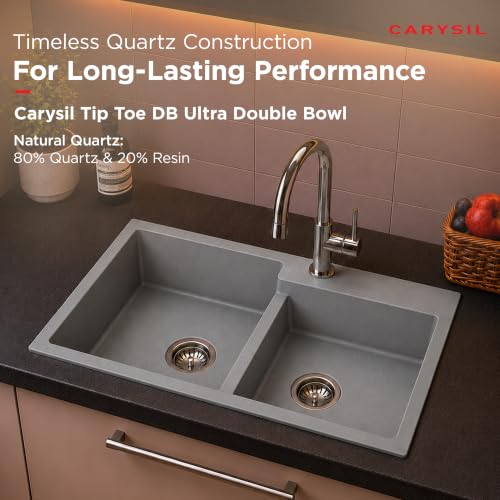 Image of Carysil TIP TOE DB ULTRA Quartz Kitchen Sink 34 x 20 x 8 inches, Single Bowl with Drain Board, 80% Quartz & 20% Resin, Heat Resistant 300C, 50kg Load, Scratch Resistant Granite Sink - Arena