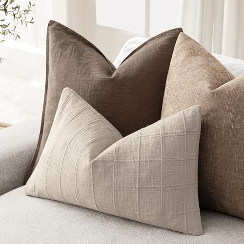 Image of Foindtower Set of 1 Decorative Linen Check Throw Pillow Cover Neutral Farmhouse Lumbar Cushion Cover Modern Boho Home Decor for Sofa Chair Couch Bedroom Living Room,12x20 Inch,Natural Linen