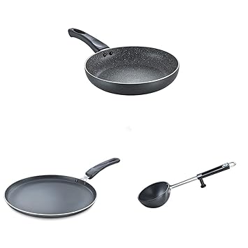 Prestige Aluminium Omega Deluxe Granite Fry Pan, 24 cm, Black (36305)&Prestige Aluminium Omega Select Plus Non-Stick Omni Tawa, 25cm , Black&Prestige Aluminium Cookware Tadka Pan, 13cm, Black