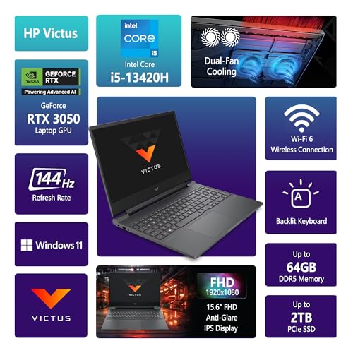 Image of HP Victus 15 Gaming Laptop | 15.6 inch FHD IPS Anti-Glare 144Hz | Intel 8-Core i5-13420H | 16GB DDR4 2TB SSD | NVIDIA GeForce RTX 3050 6GB | Backlit Keyboard Fast Charging Win11 Pro w /DLCA Accessory