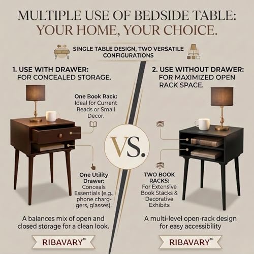 Image of Modern Bedside Table Nightstand with Solid Wood Legs, Practical End Side Table with Drawer Storage for Small Spaces Wooden Bedside Table, Coffee Table, Living Room /Bedroom (Black)