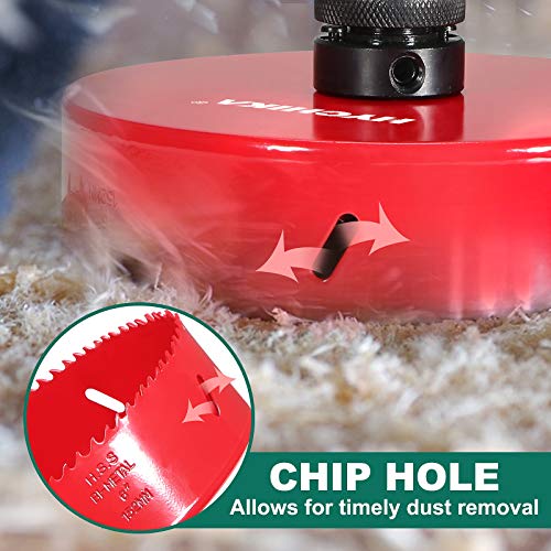 Image of HYCHIKA 6 Inch /152mm Hole Saw,Bi-Metal Cutter Hole Max Cutting Depth 1-1 /2inch(40mm) with 1 Arbor,2 Drill Bit for Wood Cutting Cornhole Plastic Drywall Boards Fiberboard