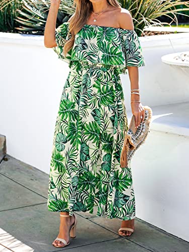 Image of CUPSHE Women Ruffle Floral Maxi Summer Dress Off Shoulder Short Sleeve Backless Flounce Bodice Slit Hem Beach Dresses