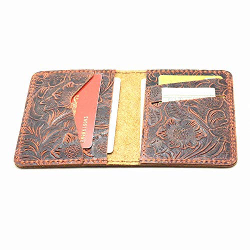 Handmade Distressed Men's Minimalist Leather Wallet Card Holder Wallets for Gifts Brown Flower3