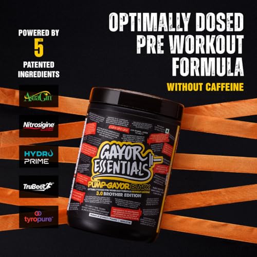 Image of Gayor Essentials Pump Gayor 3.0 Brother Edition Pre Workout Without Caffeine for Men & Women Focus Booster with Citrulline Glycerol and 5 Patented Ingredients Stimulant Free (Lemon Shikanji,665g)