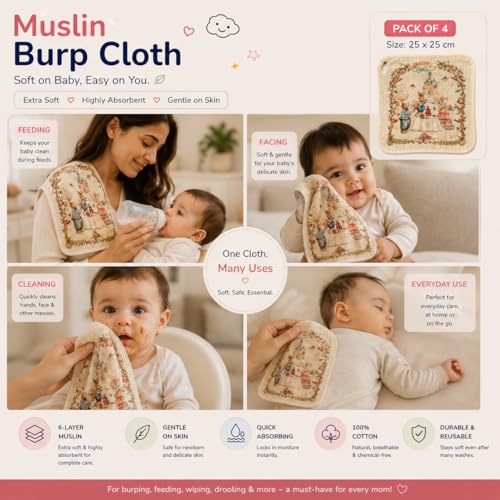 Image of Muslin 6 Layer 100% Organic Bamboo Cotton Face Towels for Newborn Baby Extra Soft Hankies Reusable Napkins for Infants Toddlers /Kids (Pack of 4 Printed Napkin 25x25 CM)